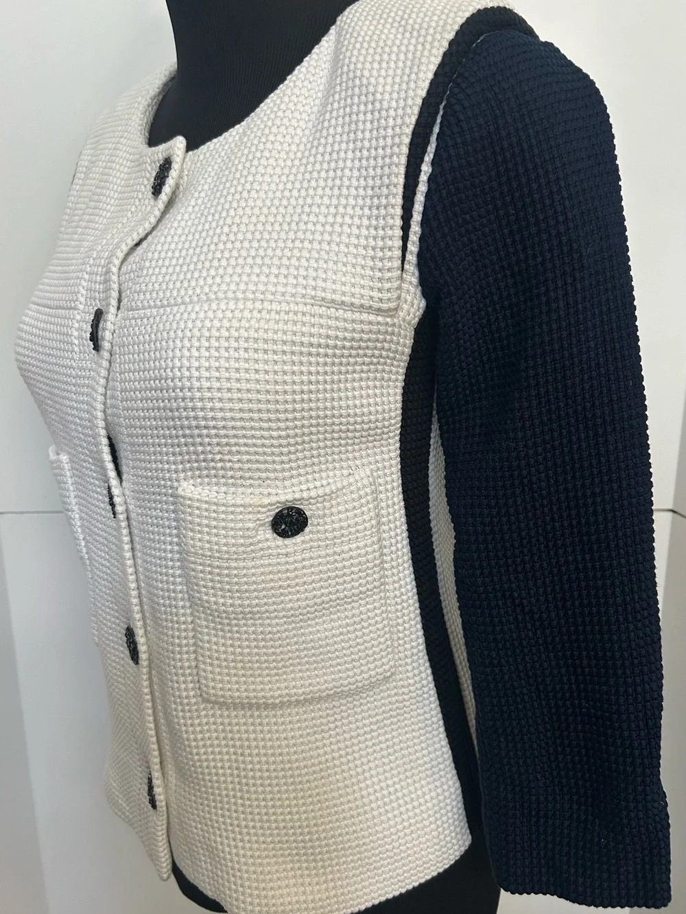 CHANEL Two-Tone Waffle Knit Button Jacket - White Navy Black